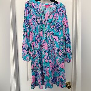 Lilly Pulitzer Teal Pink Blue Floral Long Sleeve Dress